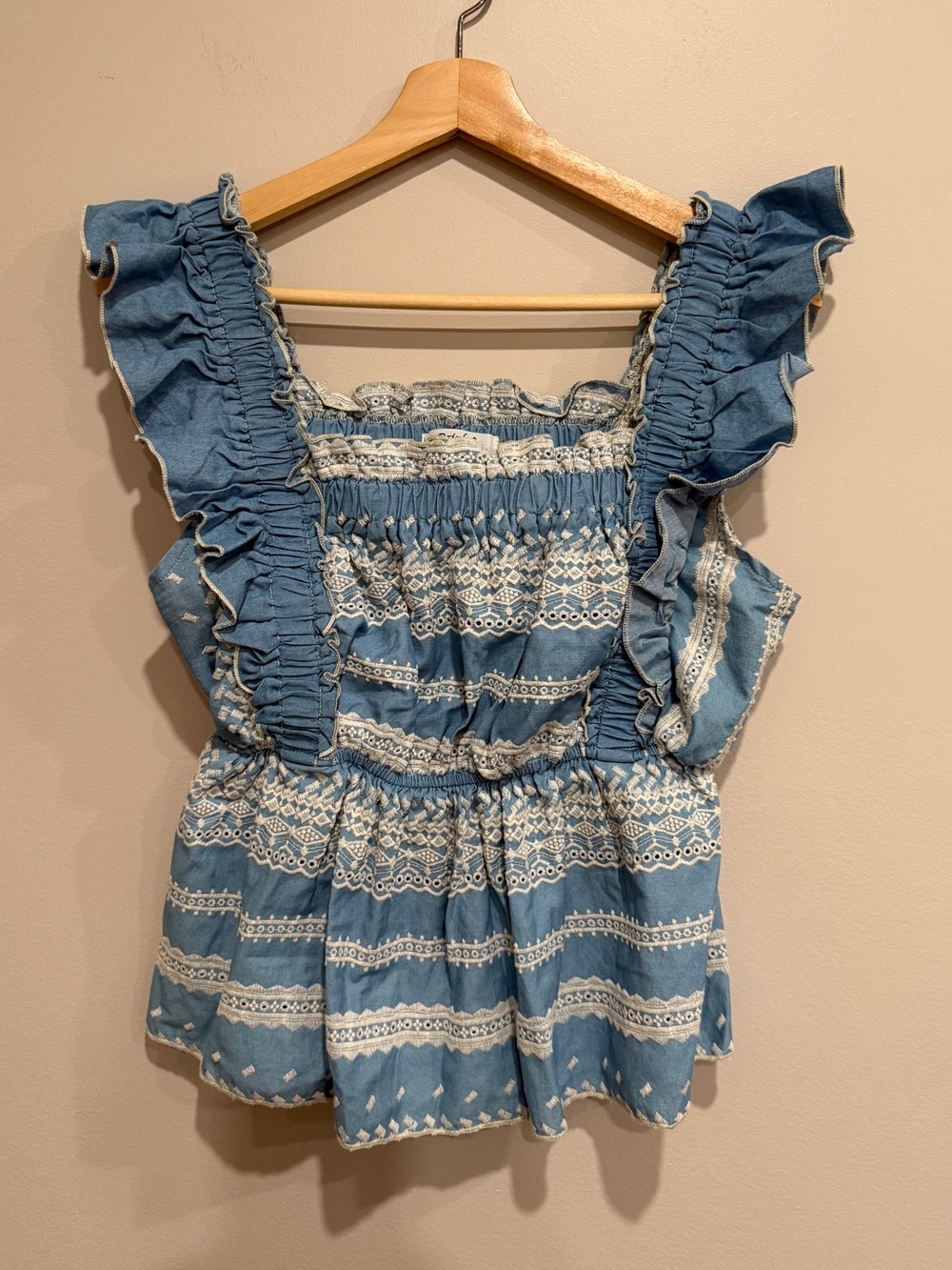 Smocked Peplum Top Blue White Embroidered Eyelet Boho OS